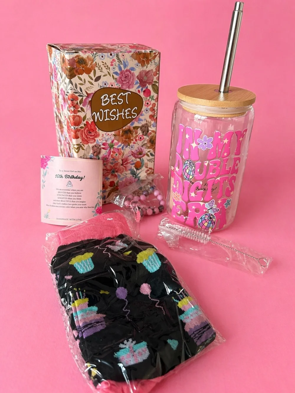 Pink Floral Gift Set with Pink Text Glass Jar